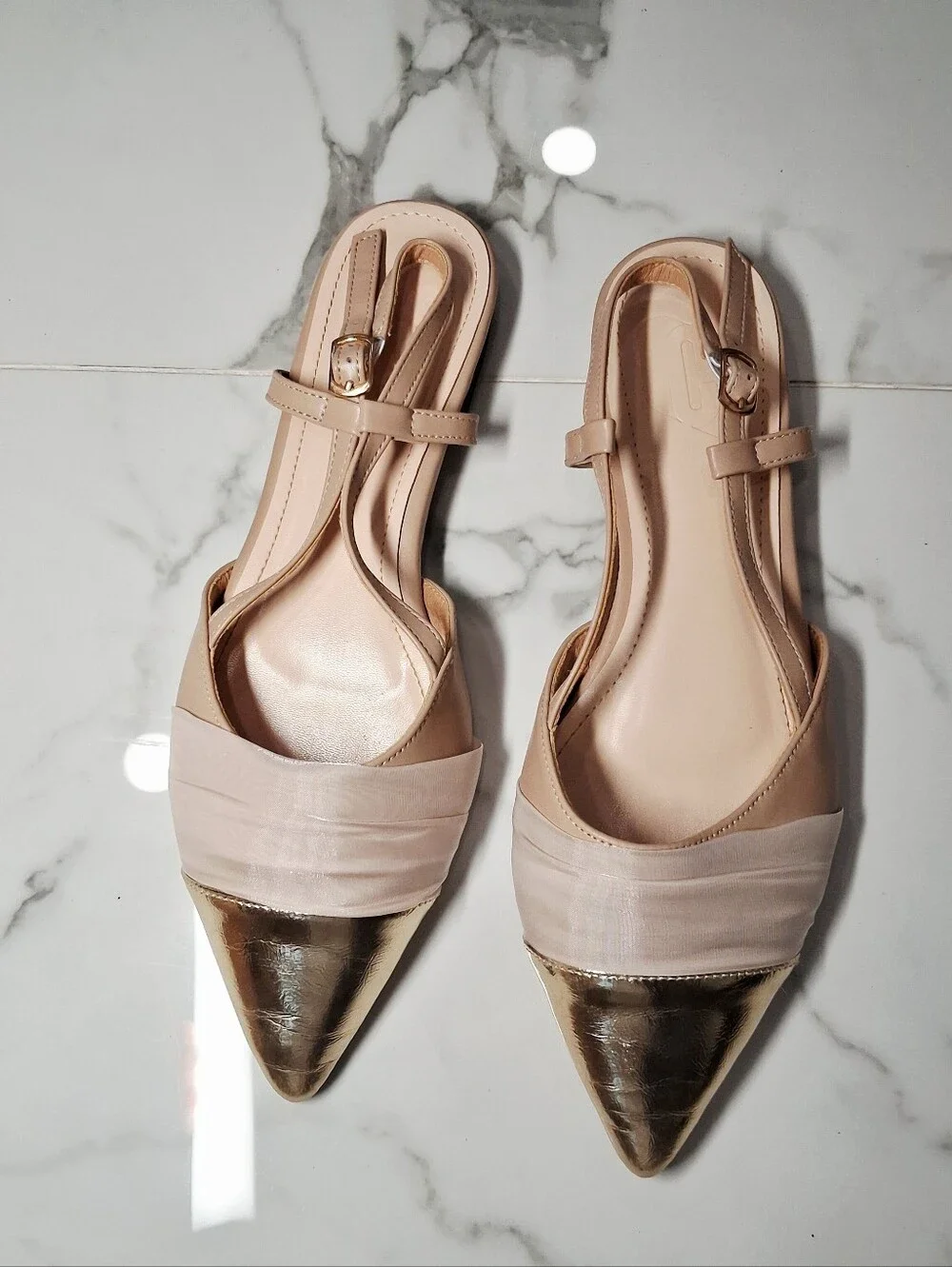 Cuccoo Beige Gold Faux Leather Satin Mesh Ballet Flats Sling Back Pointed Toe 9